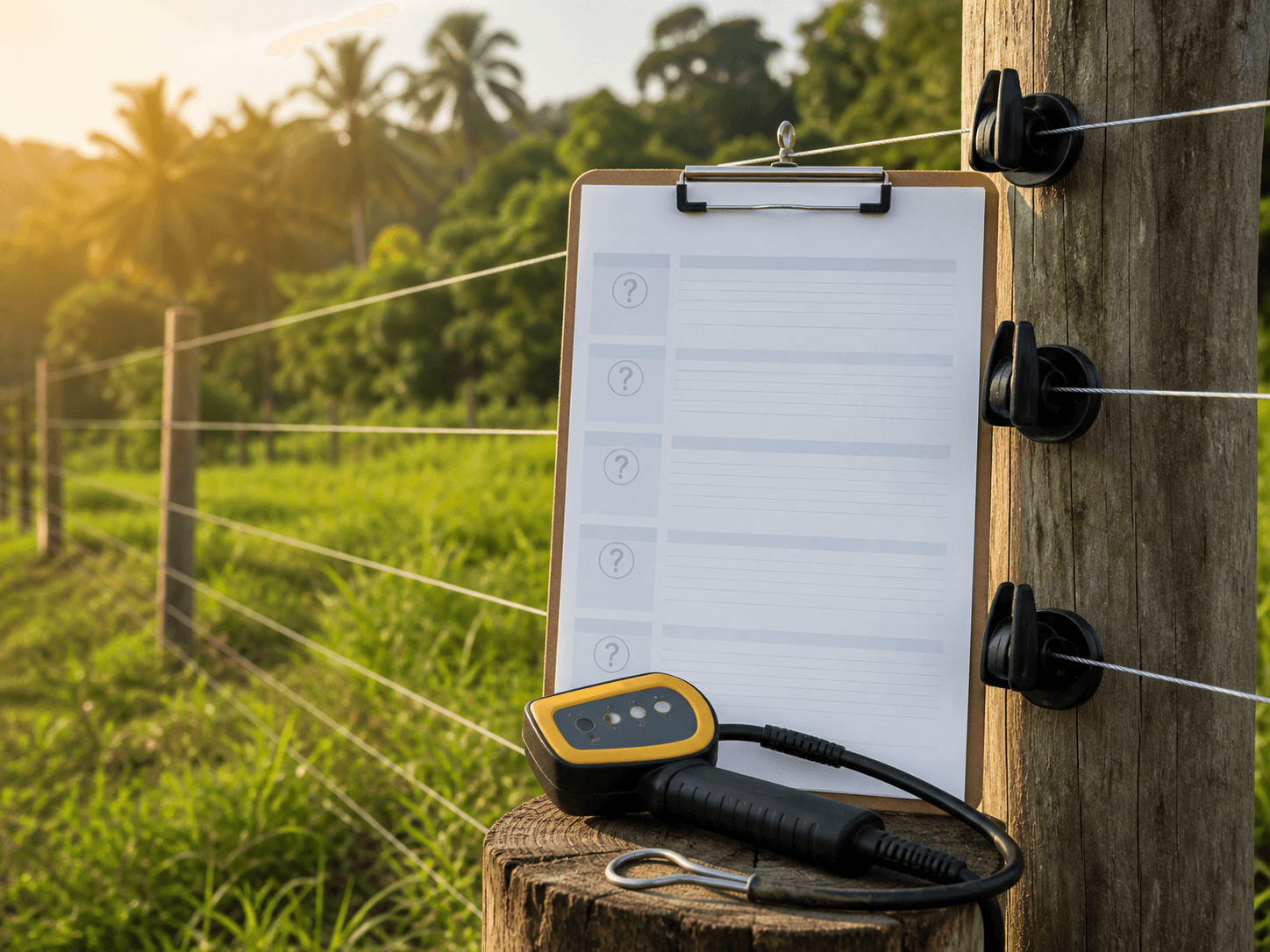 Fence tester and support checklist beside an electric fence