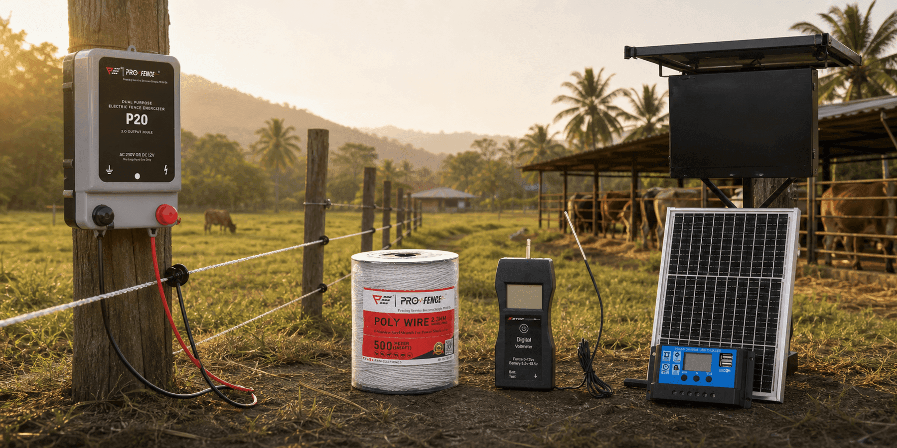 Electric fence line with solar energizer and claw insulators on a Malaysian farm