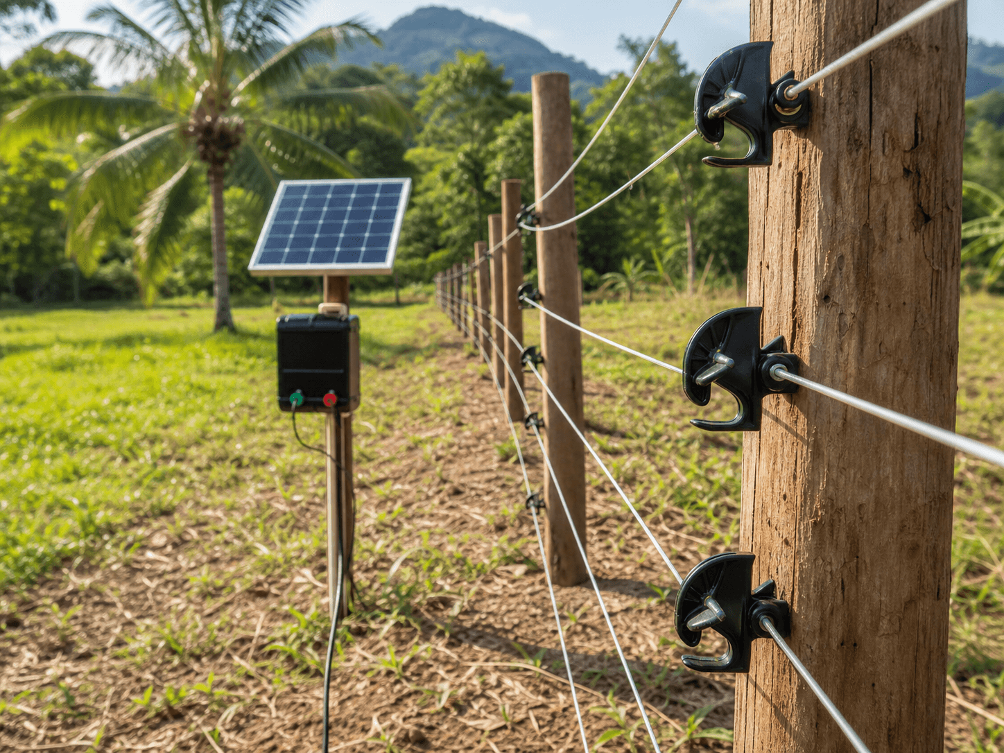 Electric fence line with solar energizer and claw insulators on a Malaysian farm