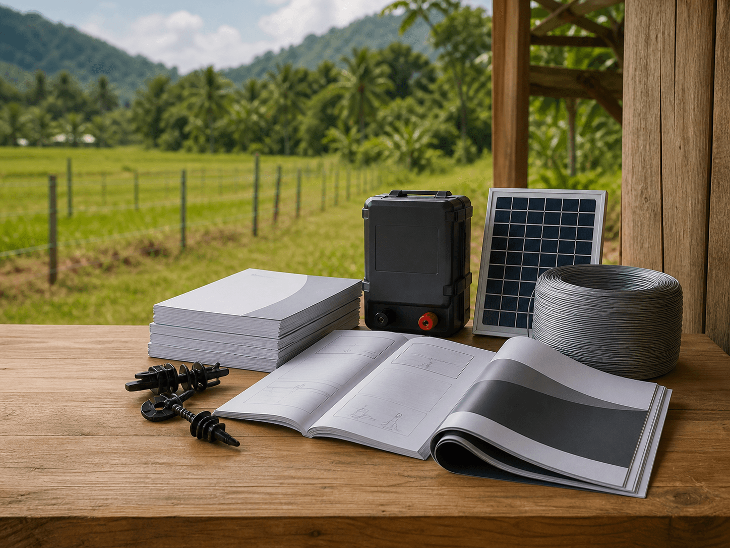 Electric fence manuals and system components on a Malaysian farm workbench