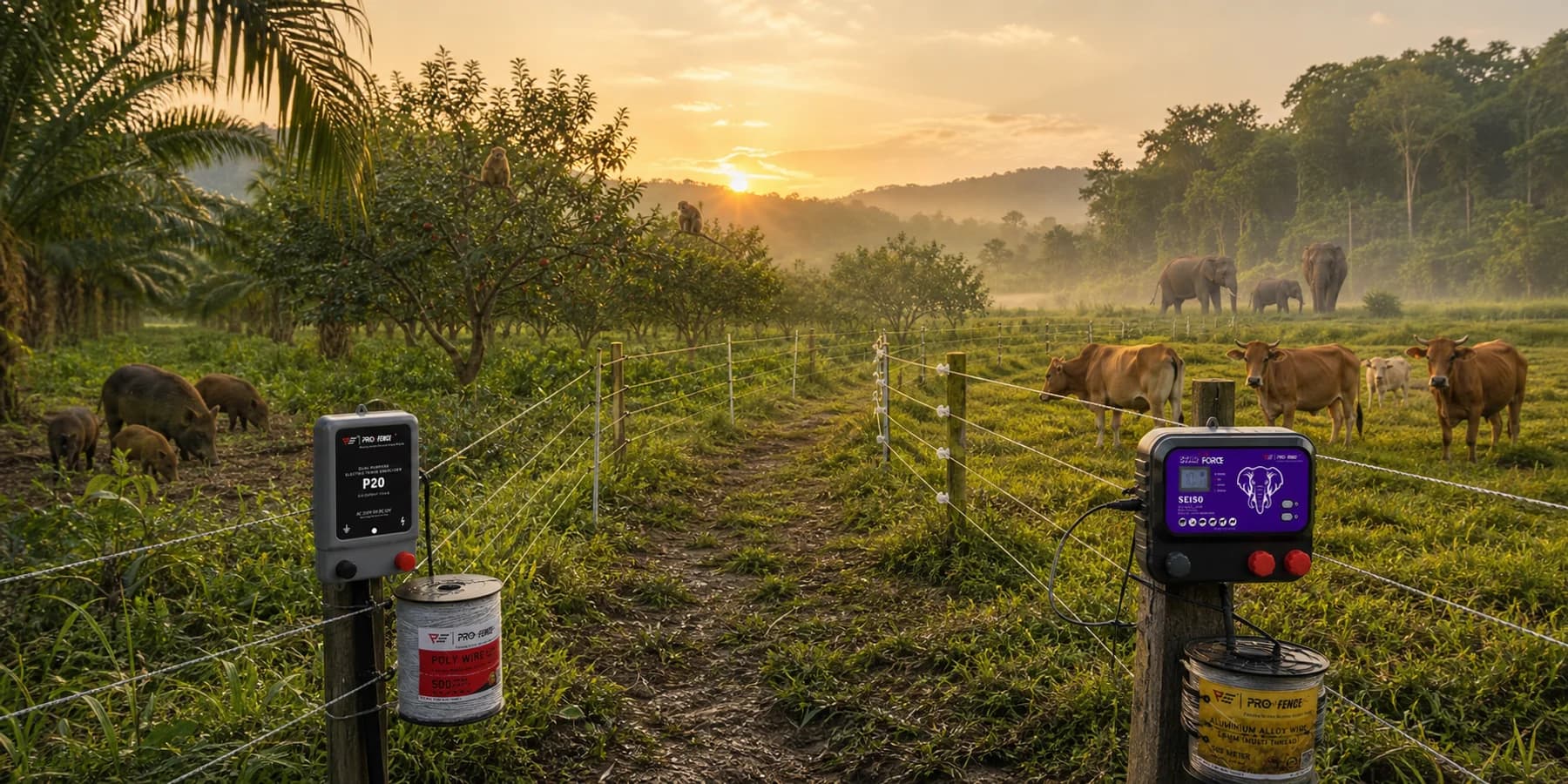 Electric fence applications across Malaysian farms, orchards, livestock paddocks, and forest fringes