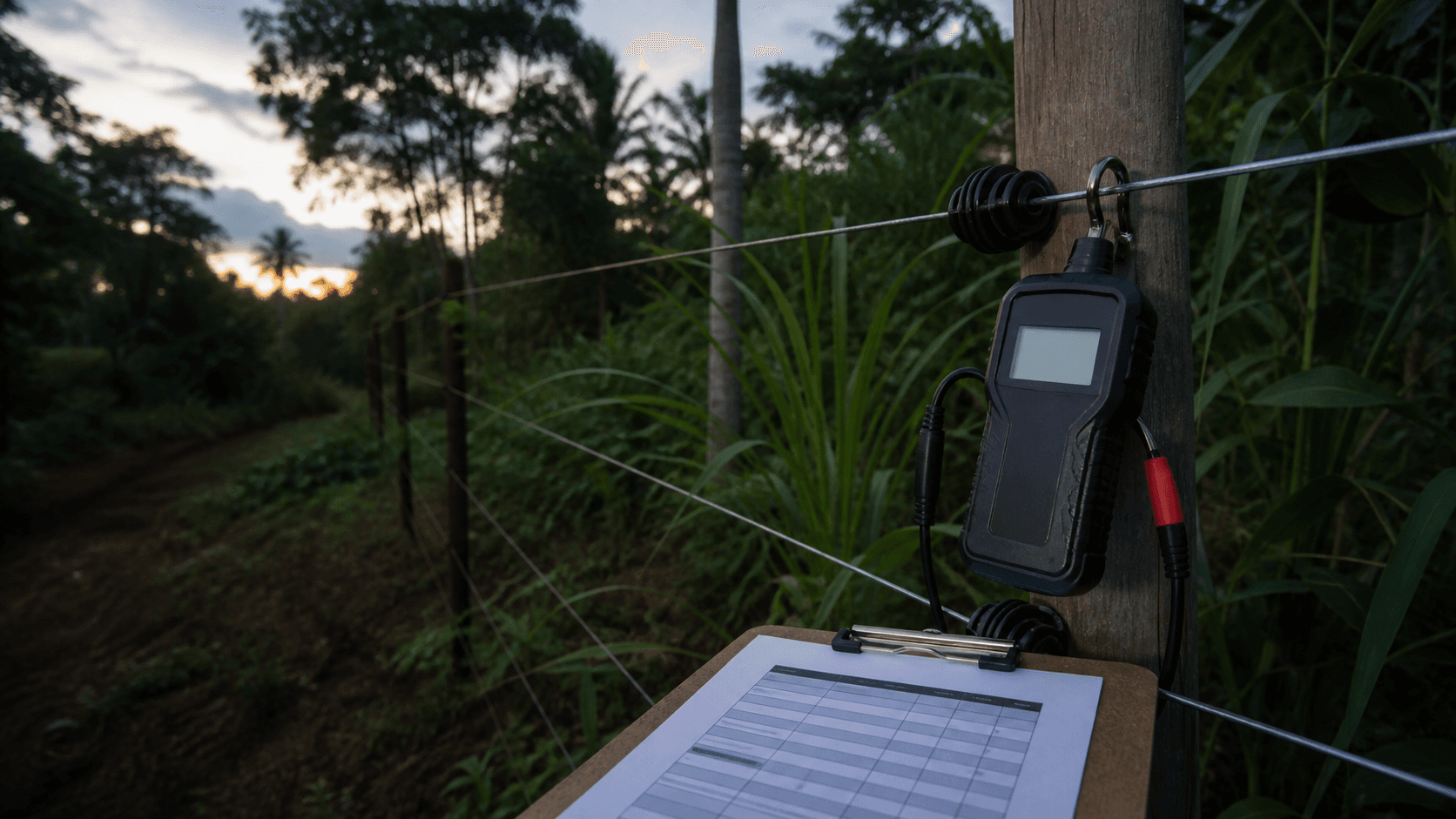 Fence voltage tester and checklist beside a working electric fence