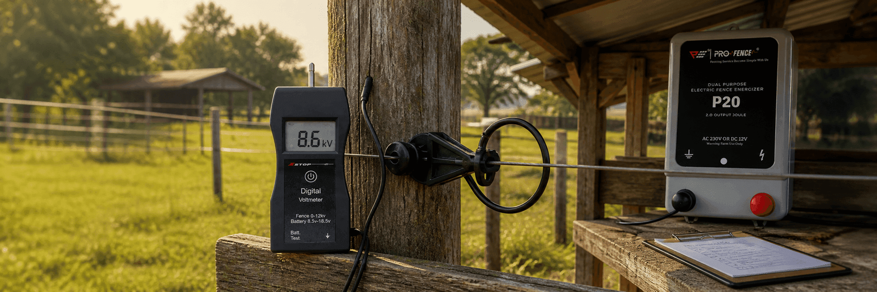 Fence voltage tester and checklist beside a working electric fence