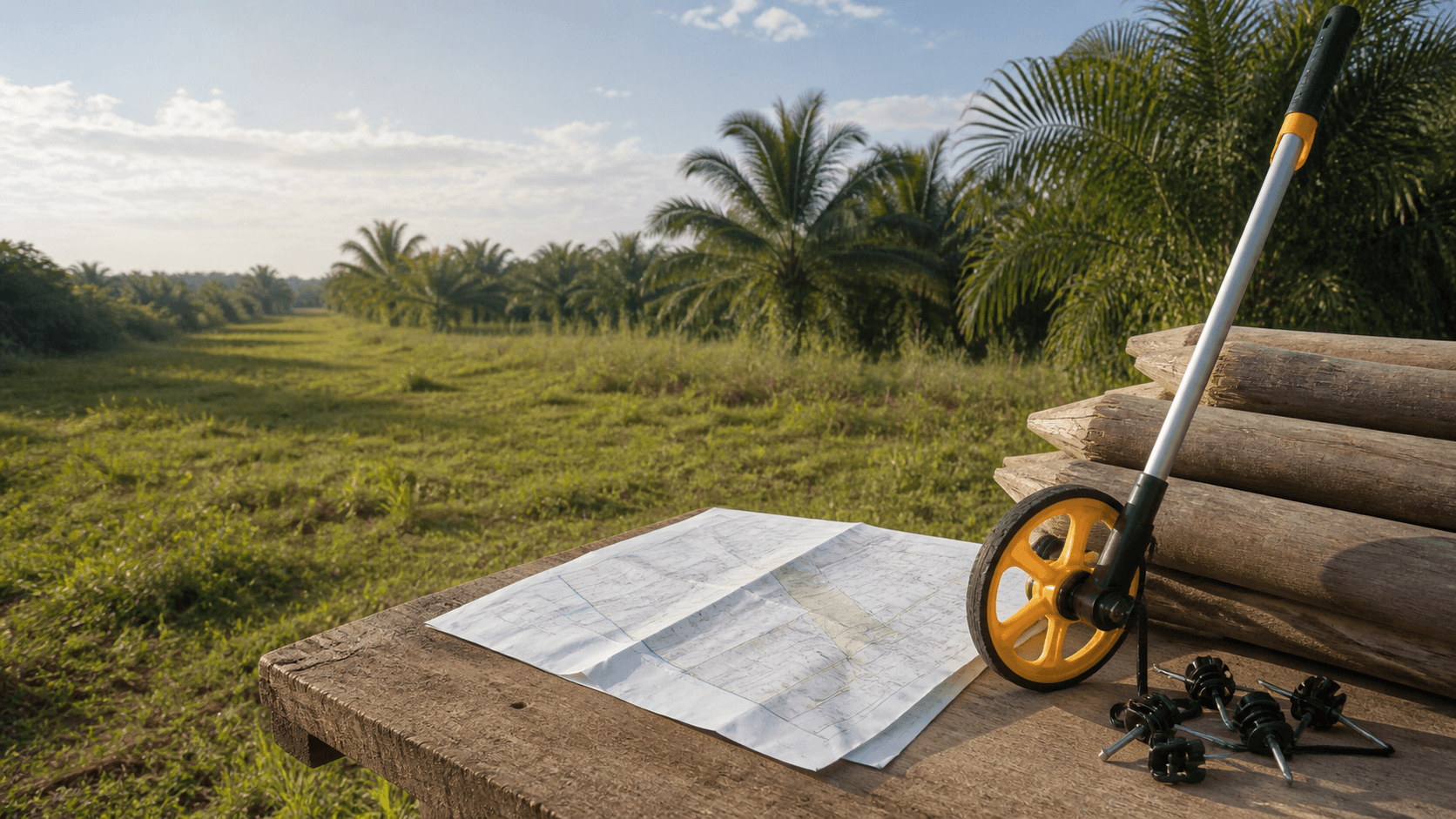 Farm planning map, measuring wheel, fence posts, and insulators beside a Malaysian field