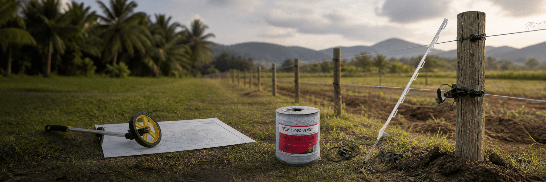 Farm planning map, measuring wheel, fence posts, and insulators beside a Malaysian field