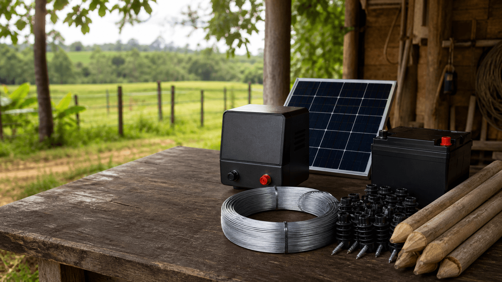 Solar fence system components and wire arranged on a farm workbench